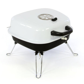 Tragbarer Tischgrill mit Deckel – Rechteckiger Holzkohlegrill mit Klappbeinen, Weiß/Schwarz